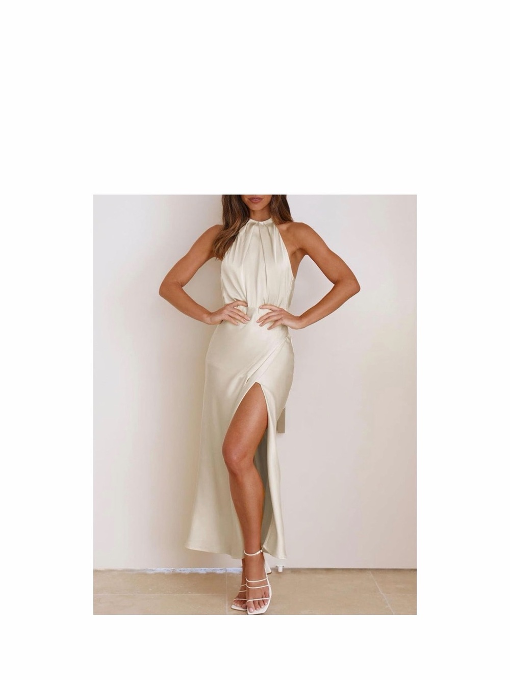 Elegant Cream Halter Satin Maxi Dress with Thigh Slit